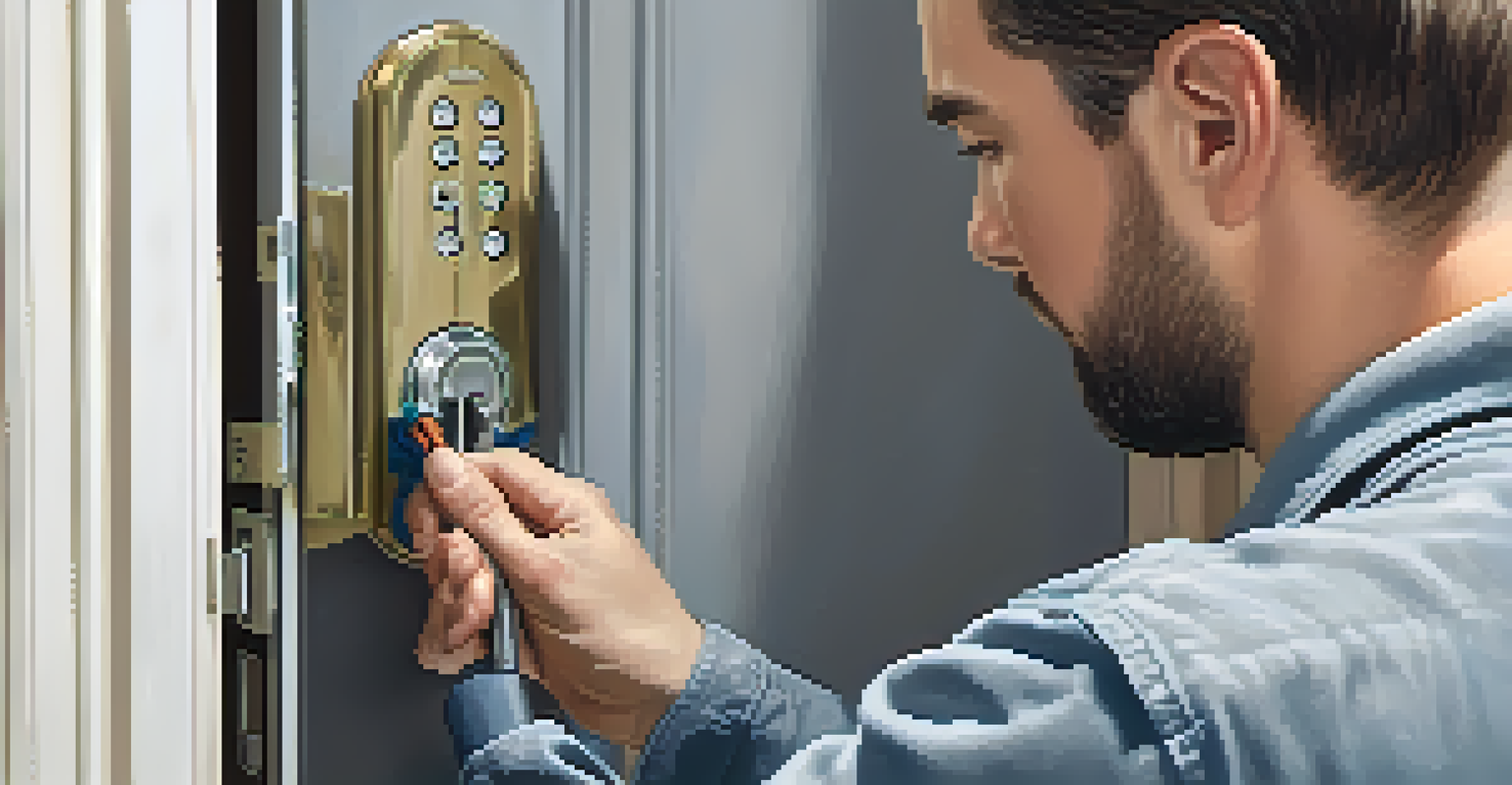 Technician installing a smart lock on a door with tools and an instruction manual.