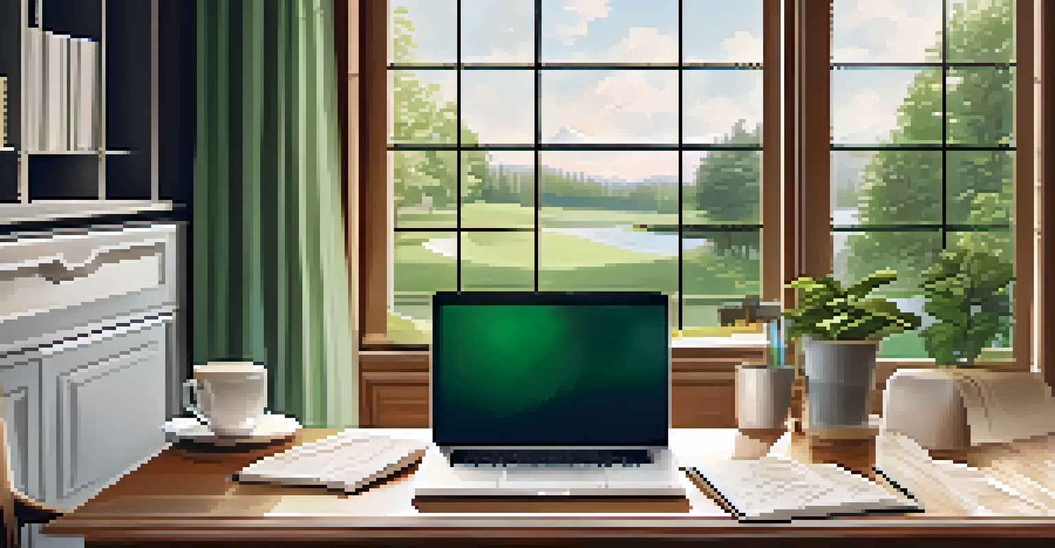 A cozy home office with a wooden desk, laptop displaying financial charts, and a view of trees outside.