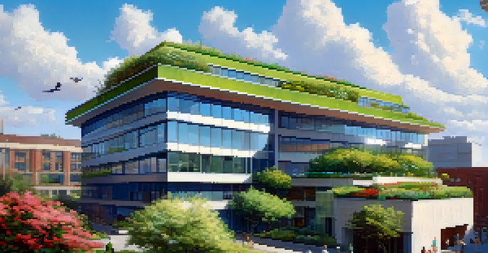 A modern building with a green roof full of plants and flowers, under a clear blue sky, creating a sustainable urban environment.
