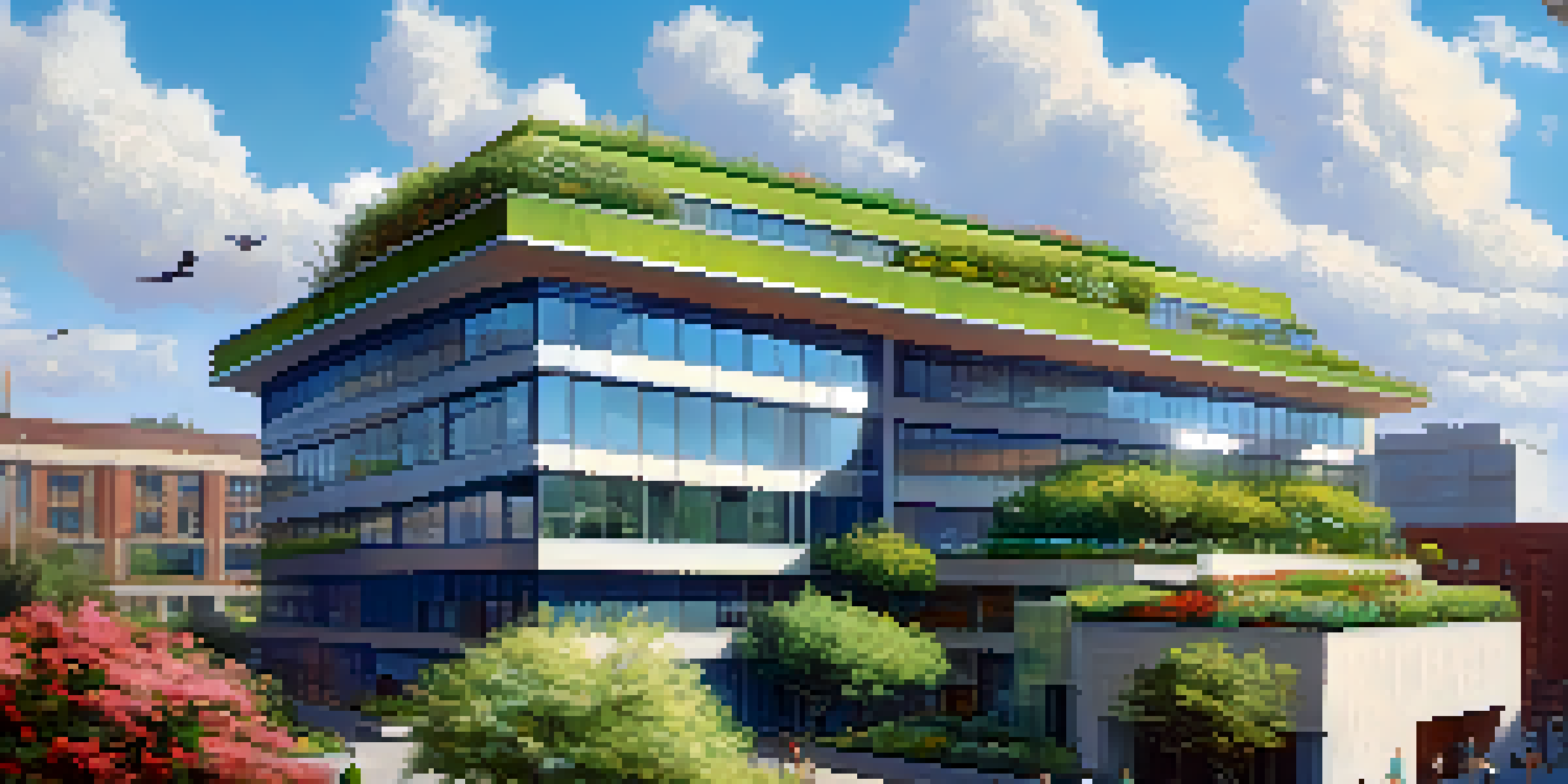 A modern building with a green roof full of plants and flowers, under a clear blue sky, creating a sustainable urban environment.