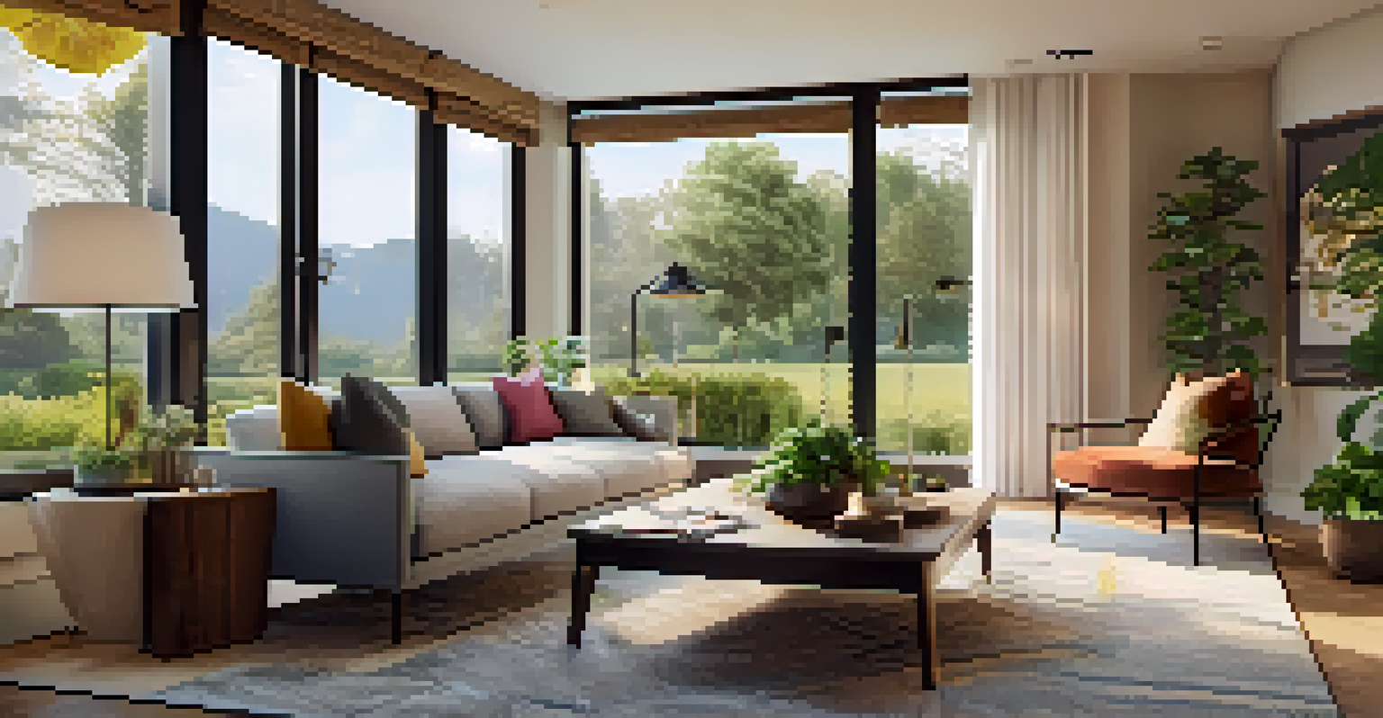 A modern living room with stylish furniture and decor, brightened by natural light from a large window overlooking a garden.