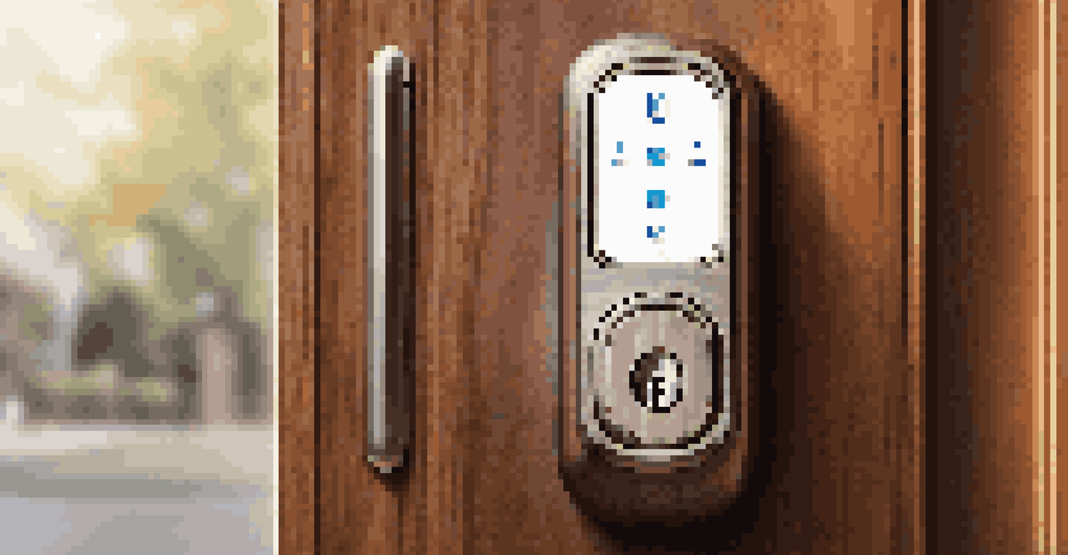 A close-up of a smart lock on a wooden door, with a smartphone displaying its control app.