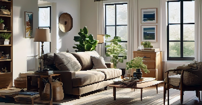 A warm and inviting living room in a rented home, with comfortable furniture and decorative elements.