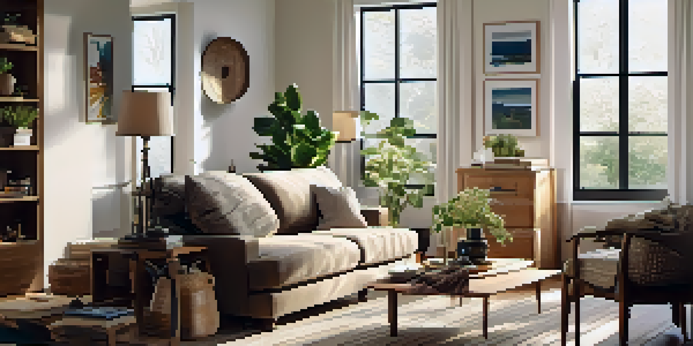 A warm and inviting living room in a rented home, with comfortable furniture and decorative elements.