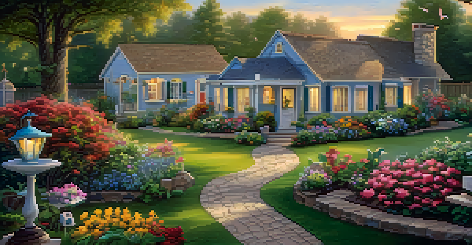 A charming garden with whimsical birdhouses, elevated planters, and soft lighting at dusk.