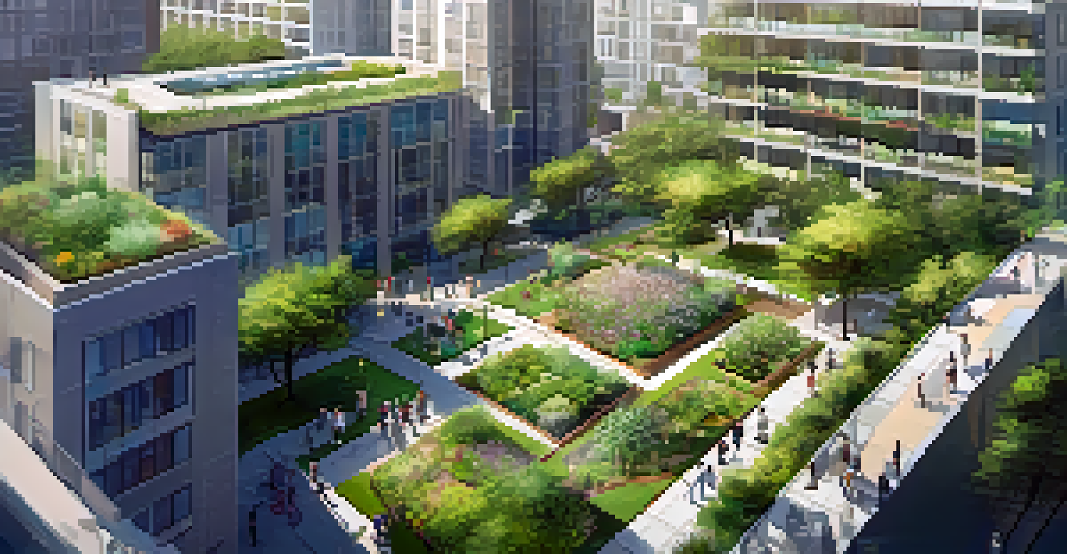 An aerial view of an urban park with multiple green roofs, surrounded by buildings and people enjoying the greenery.