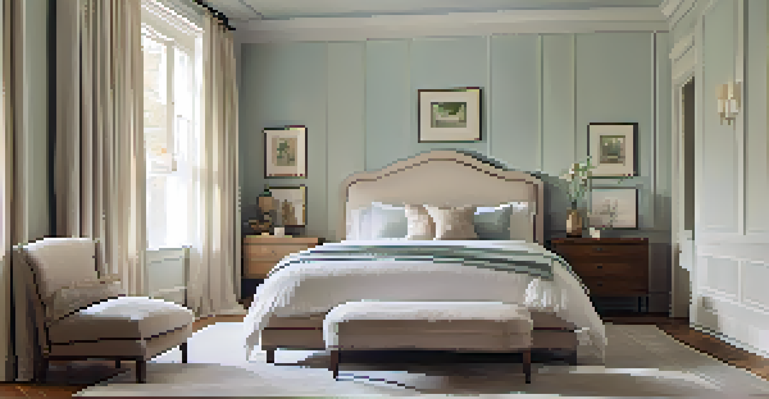 A spacious bedroom with a plush bed, elegant decor, and soft light filtering through sheer curtains.