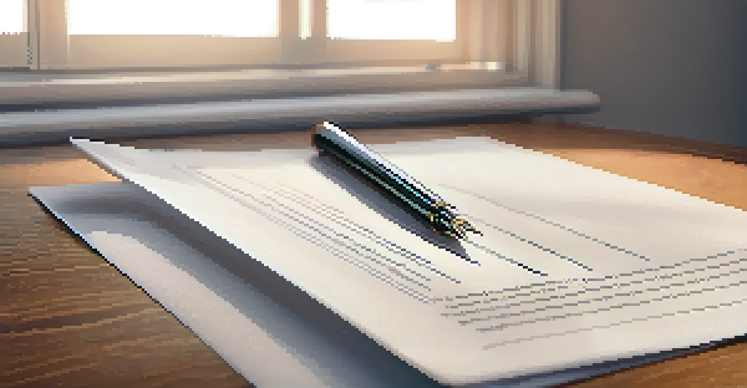 Close-up of a real estate contract on a wooden table with a pen.