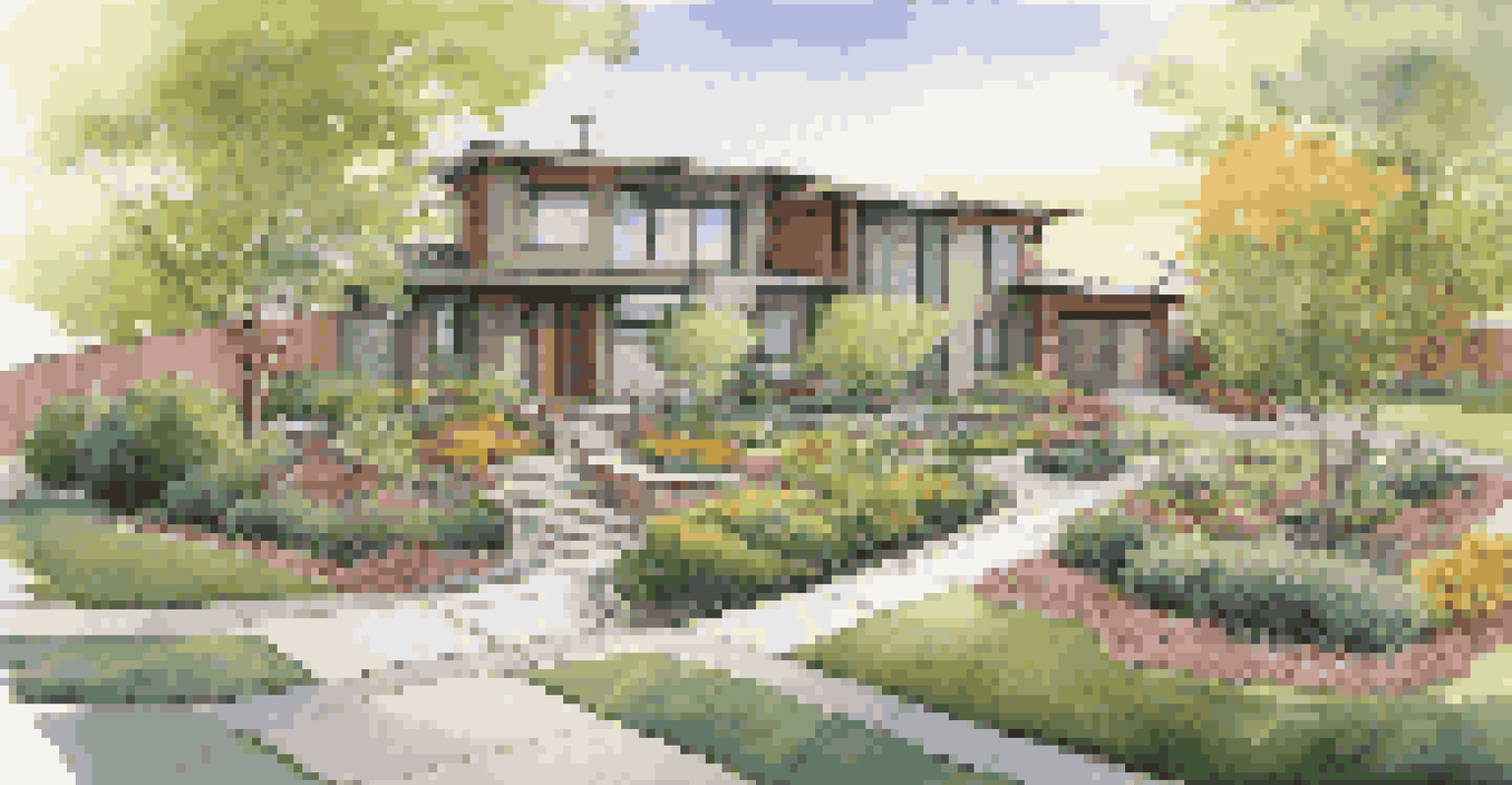 A beautifully landscaped yard with contours for water management, permeable driveway, and flower beds, glowing under the sunset.