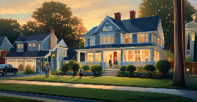 A veteran family stands in front of their new home in a suburban neighborhood during sunset, holding a 'Sold' sign.