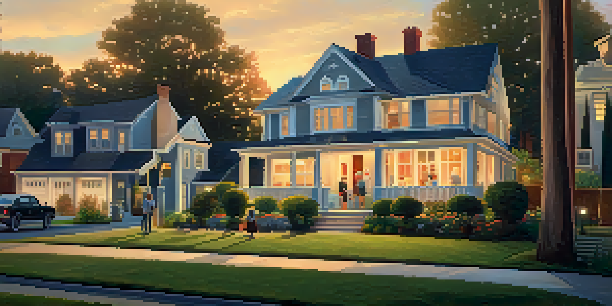 A veteran family stands in front of their new home in a suburban neighborhood during sunset, holding a 'Sold' sign.