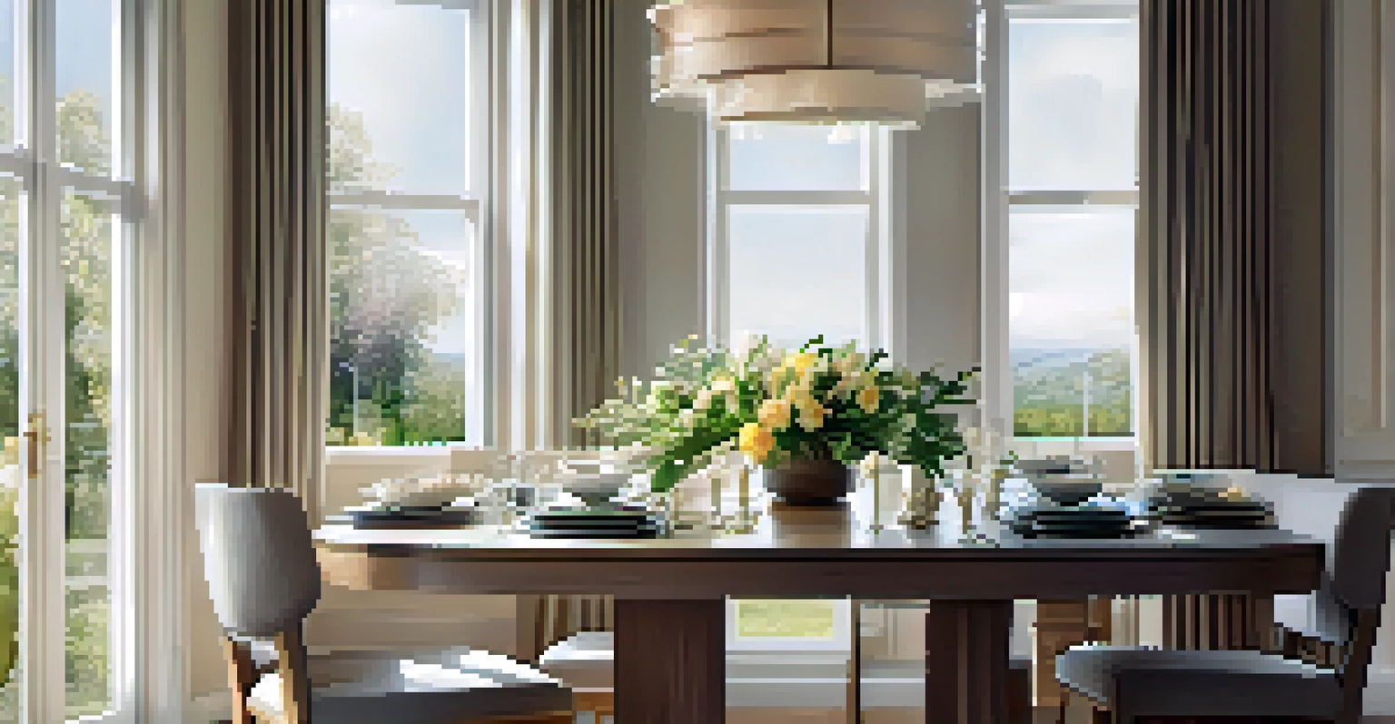 A serene dining area with a sleek table set for a meal, decorated with flowers, illuminated by natural light from a large window.