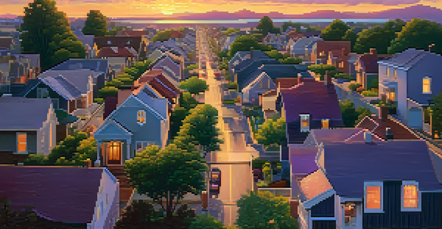 An aerial view of a vibrant neighborhood at sunset with different types of homes and lively streets filled with people.