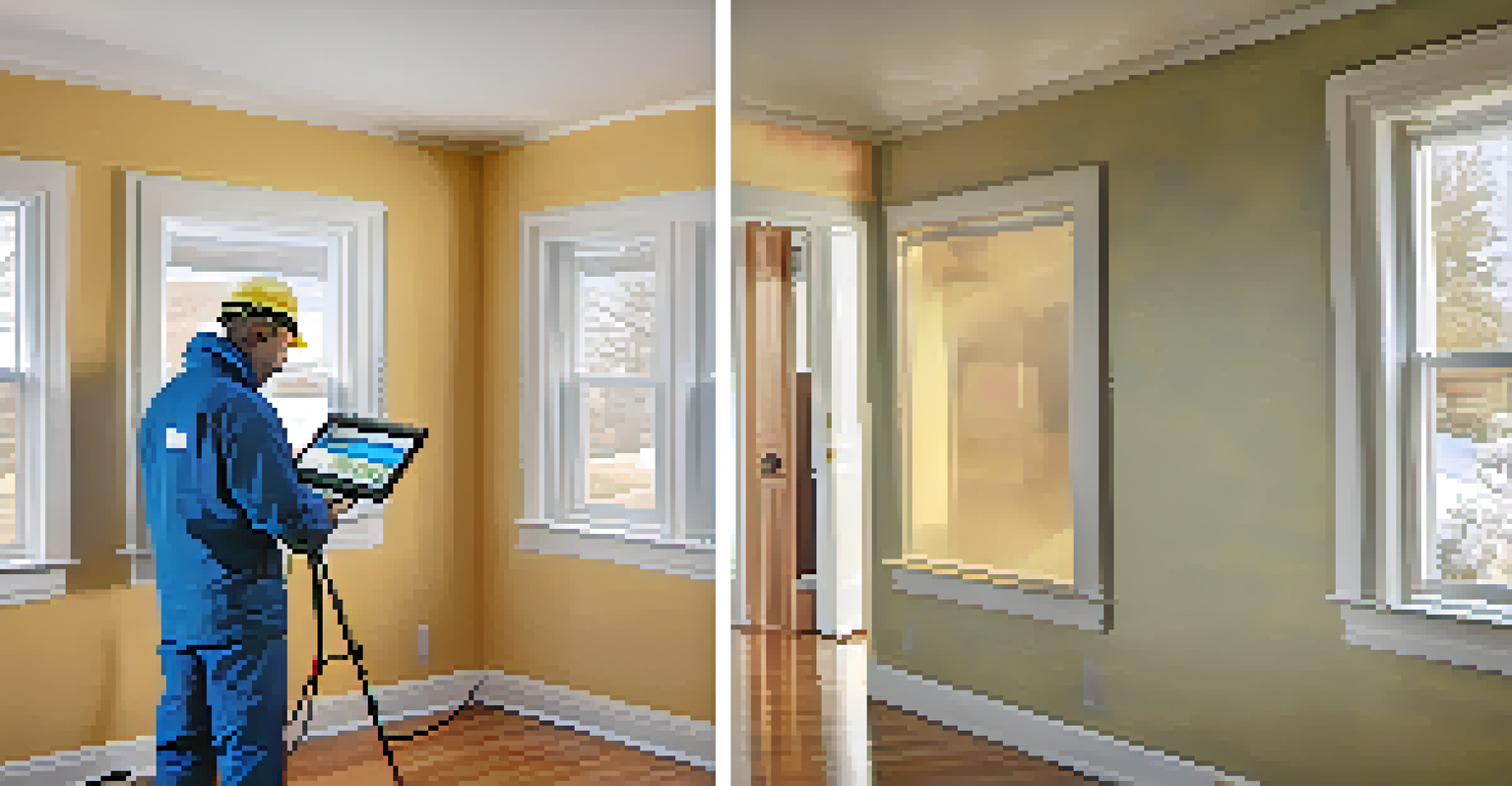 A technician performing an energy audit using a thermal imaging camera in a home.