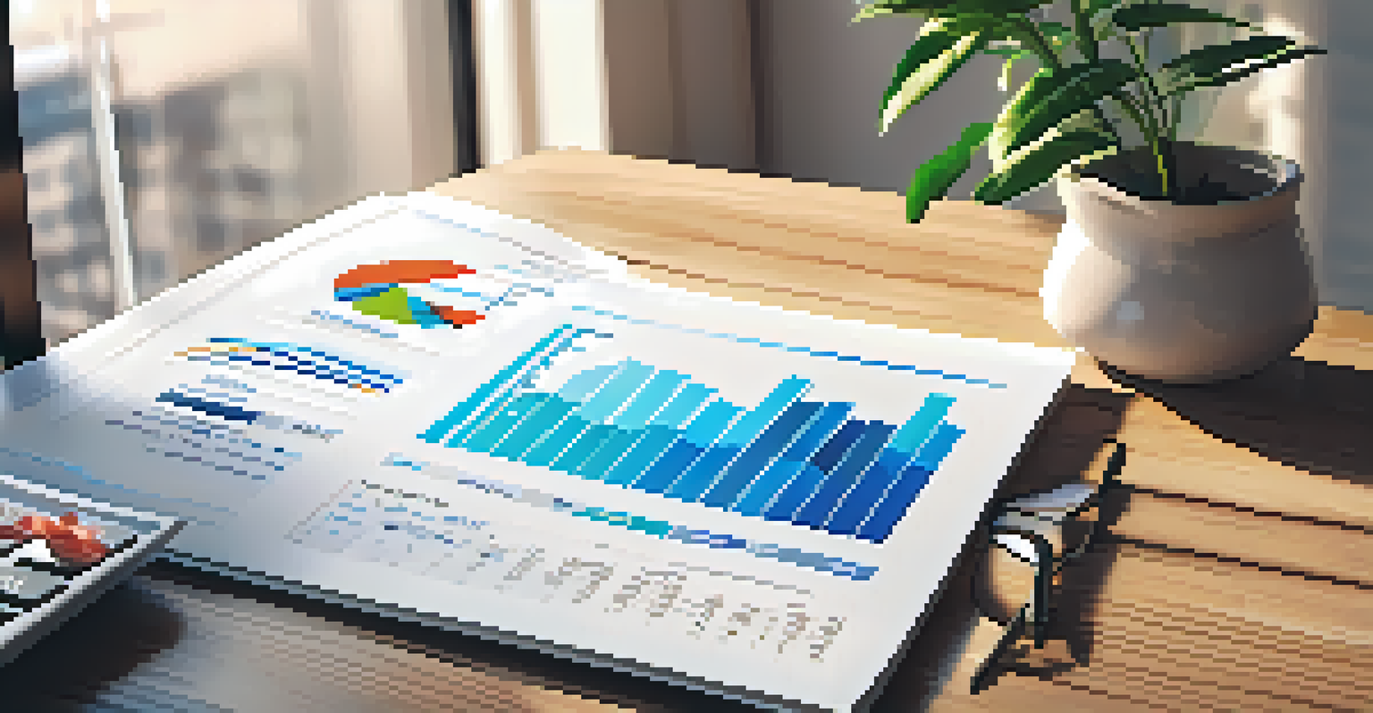 A close-up of a financial report on a desk, with a calculator and coffee cup, showing graphs of real estate investment performance.