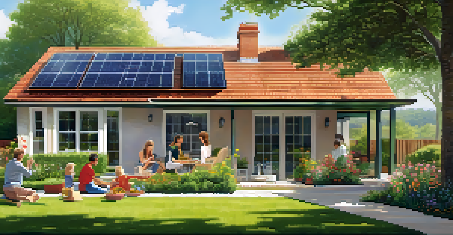 An outdoor patio with a house featuring solar panels, a family enjoying the day, and vibrant flower beds, showcasing a sustainable lifestyle.
