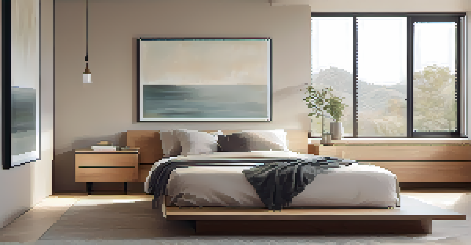 A calming minimalist bedroom with natural light, neutral colors, and simple furniture.