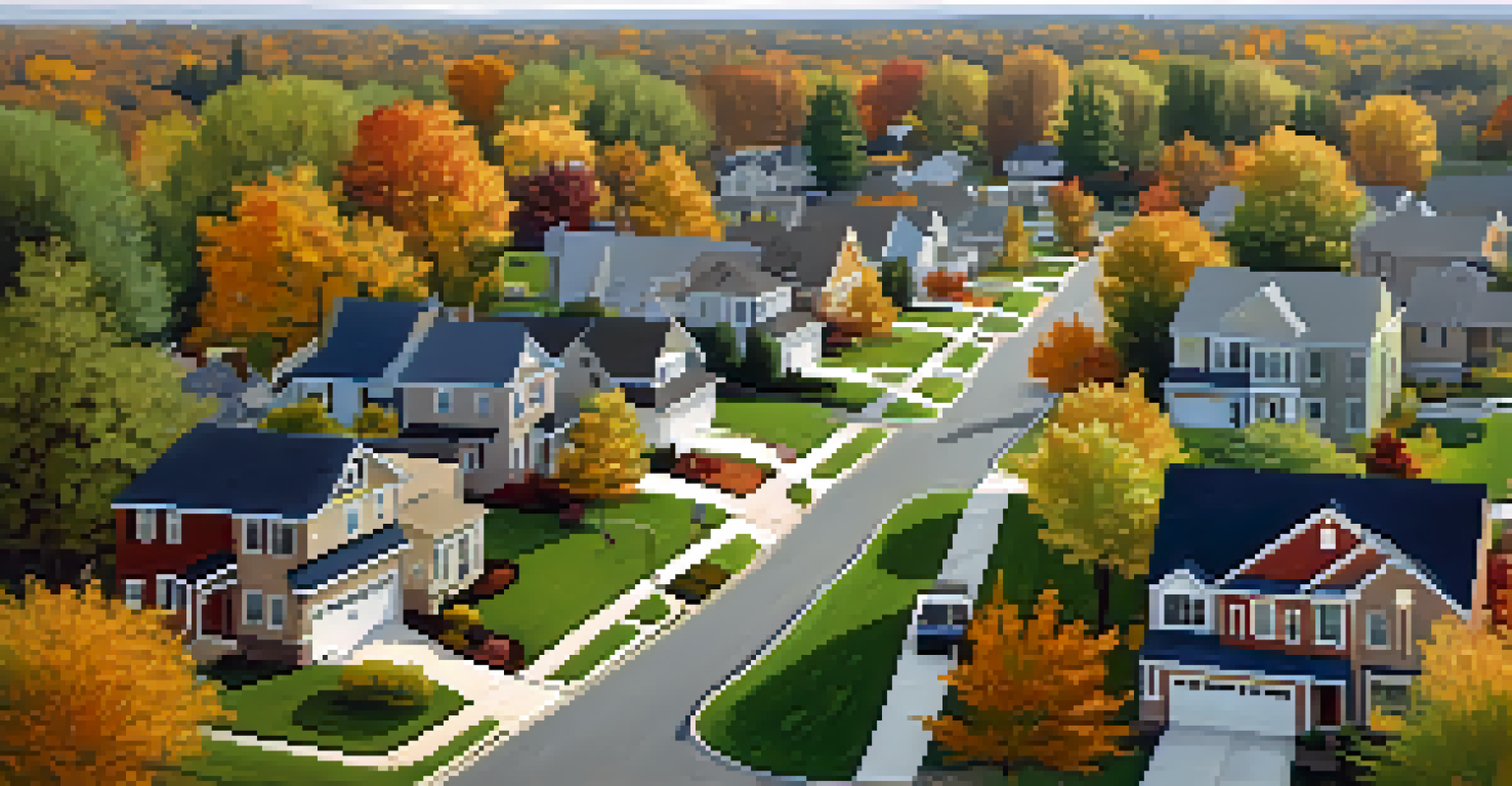 An aerial view of a suburban neighborhood with colorful autumn trees, quaint houses, and families enjoying outdoor activities.