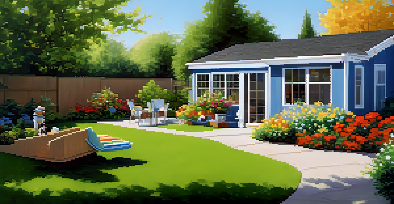 A vibrant backyard designed for pet safety, featuring a secure fence and pet-friendly landscaping with a happy dog playing.