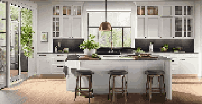 A modern kitchen with white cabinets, a granite island, and stainless steel appliances, illuminated by natural light from a window.