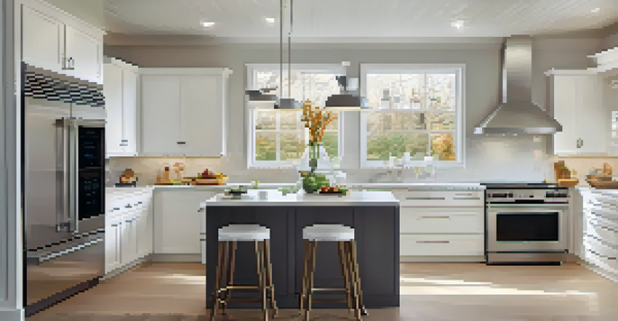 A modern kitchen with smart home technology, including a smart thermostat and automated lighting, bathed in natural light.