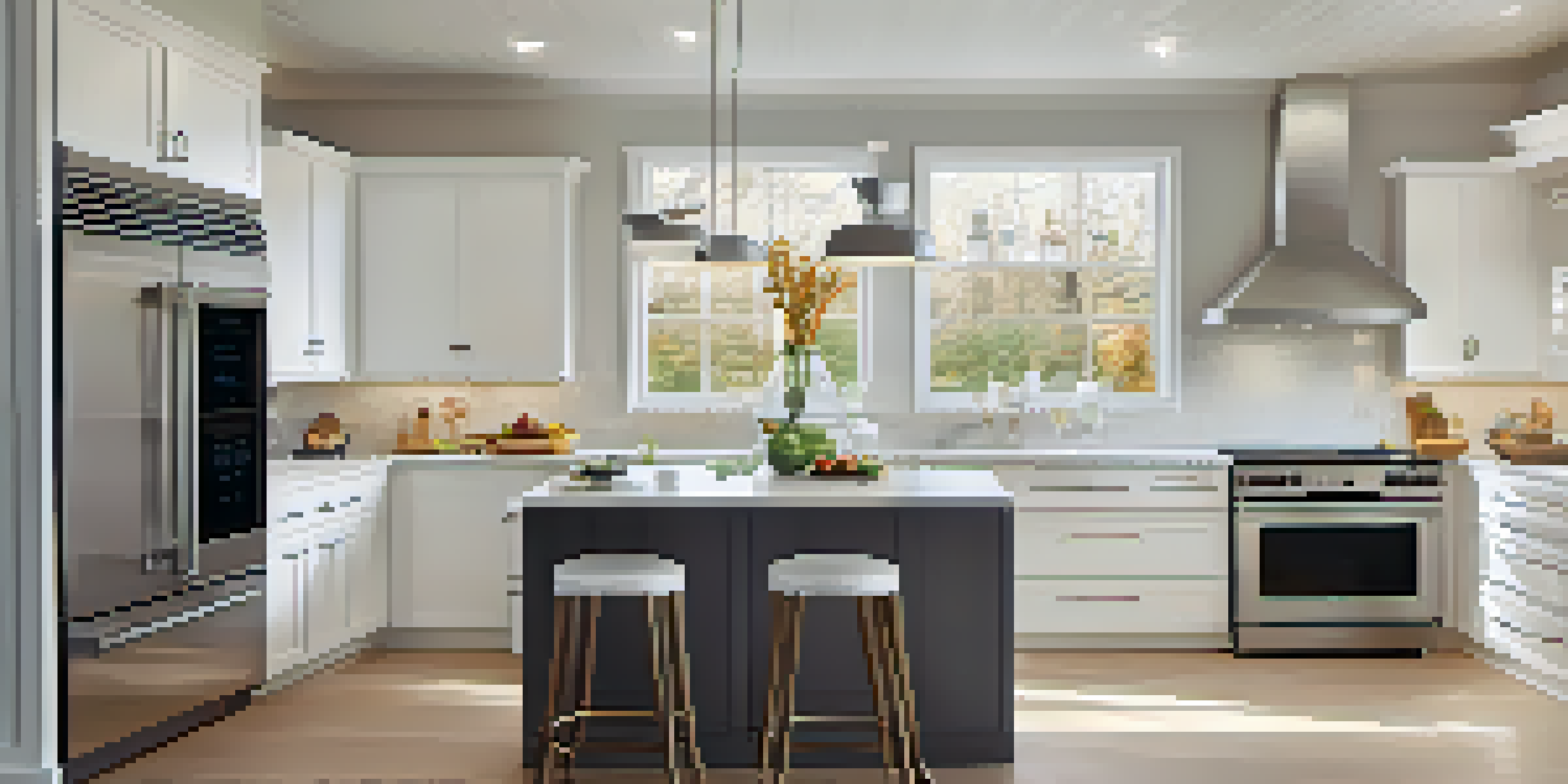 A modern kitchen with smart home technology, including a smart thermostat and automated lighting, bathed in natural light.