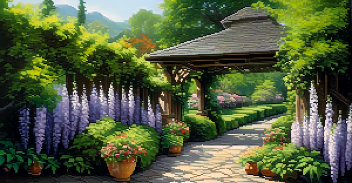 A rustic wooden arbor adorned with wisteria flowers in a vibrant garden, with sunlight creating dappled shadows on a stone pathway.