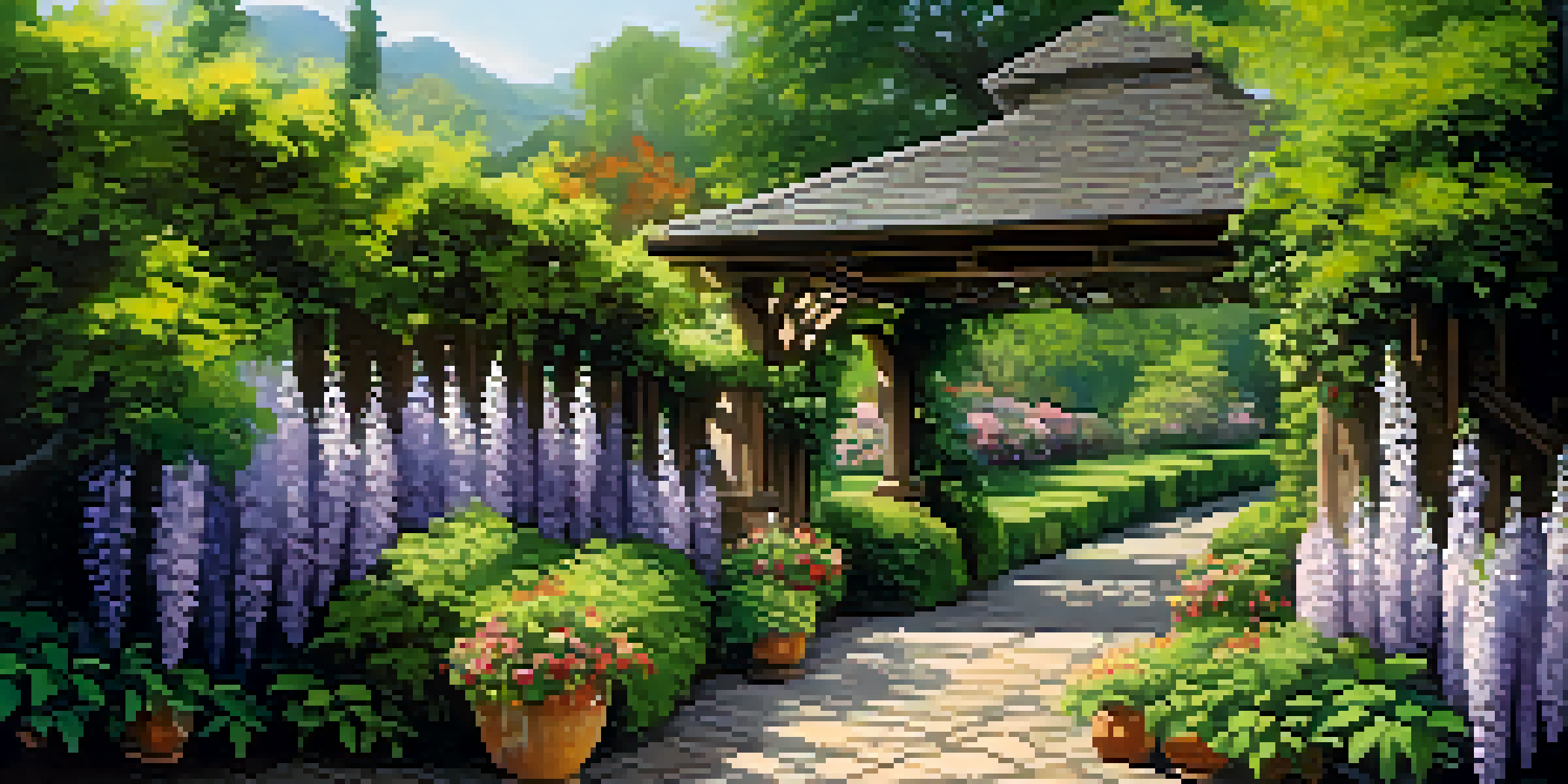 A rustic wooden arbor adorned with wisteria flowers in a vibrant garden, with sunlight creating dappled shadows on a stone pathway.