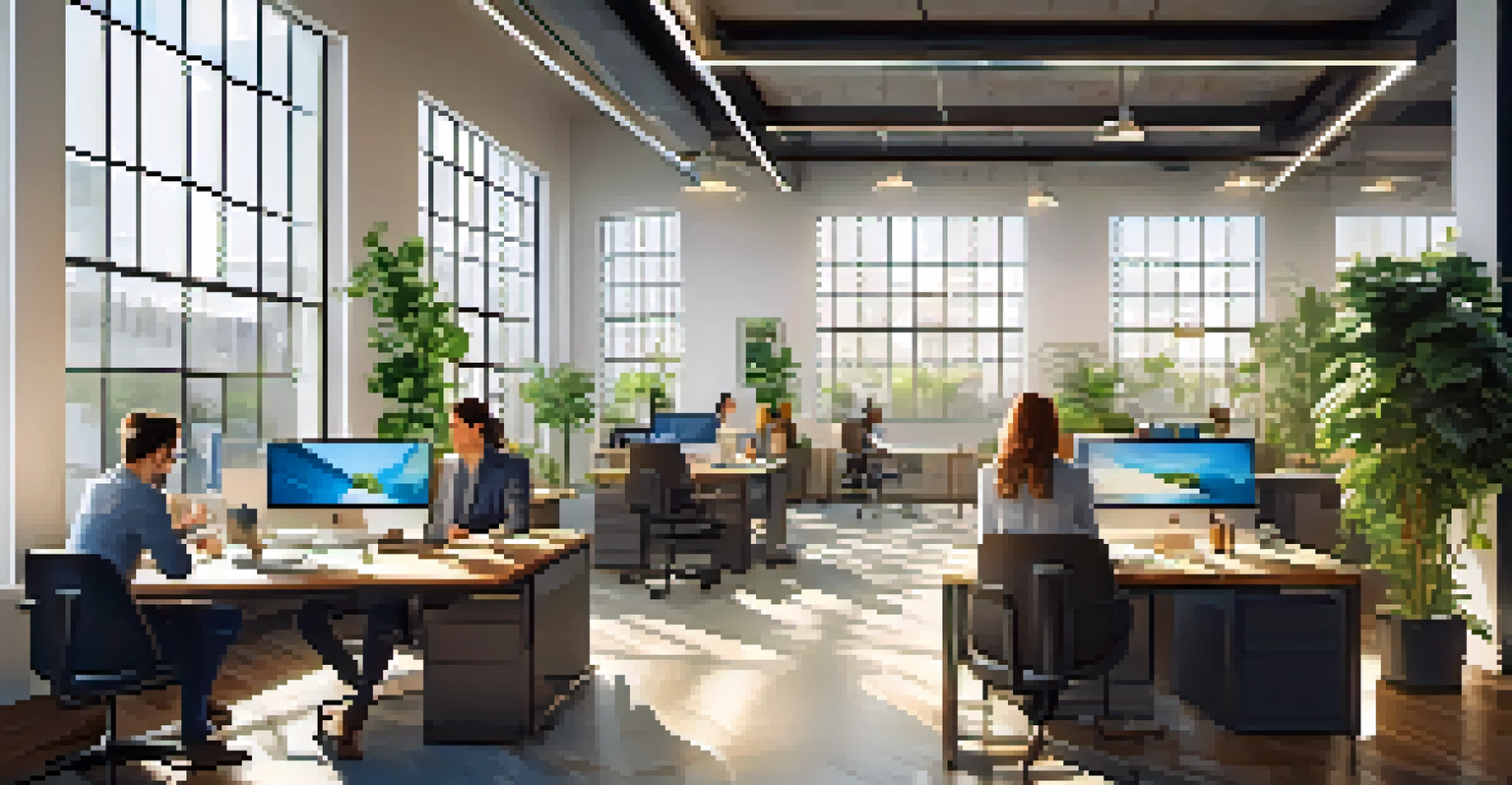 A modern co-working space filled with professionals working at shared desks, bright sunlight, and greenery.