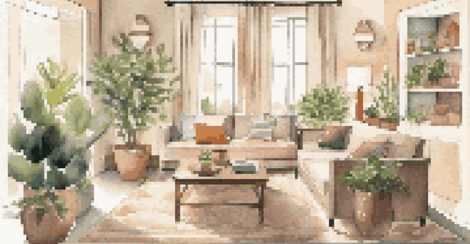 A warm and inviting living room with a sofa, coffee table, and decorative elements.