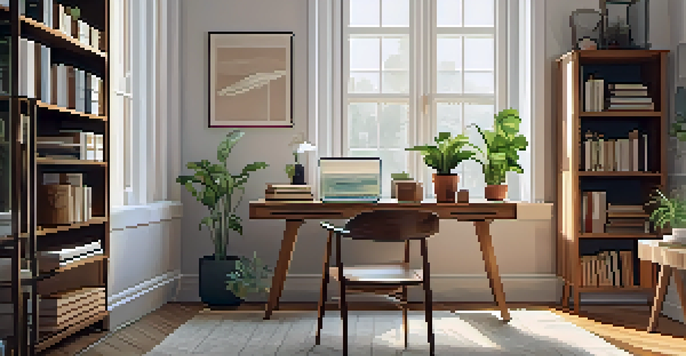 A serene home office with a wooden desk, laptop, potted plant, and organized bookshelf bathed in natural light.