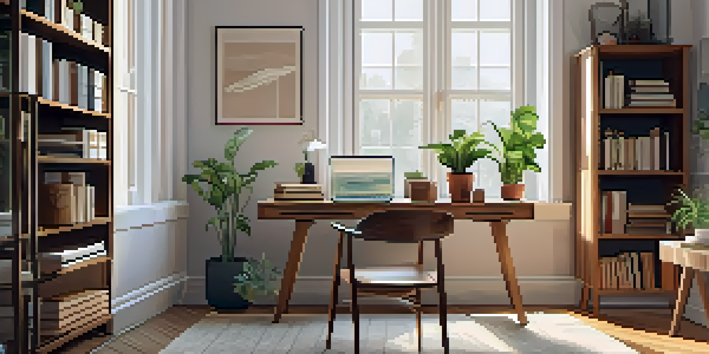 A serene home office with a wooden desk, laptop, potted plant, and organized bookshelf bathed in natural light.