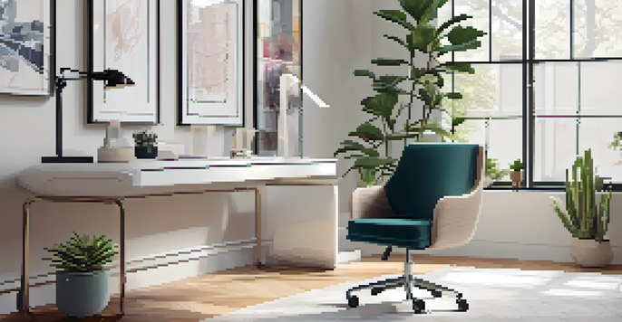 A minimalist home office with a white desk, ergonomic chair, laptop, and a plant, illuminated by natural light.
