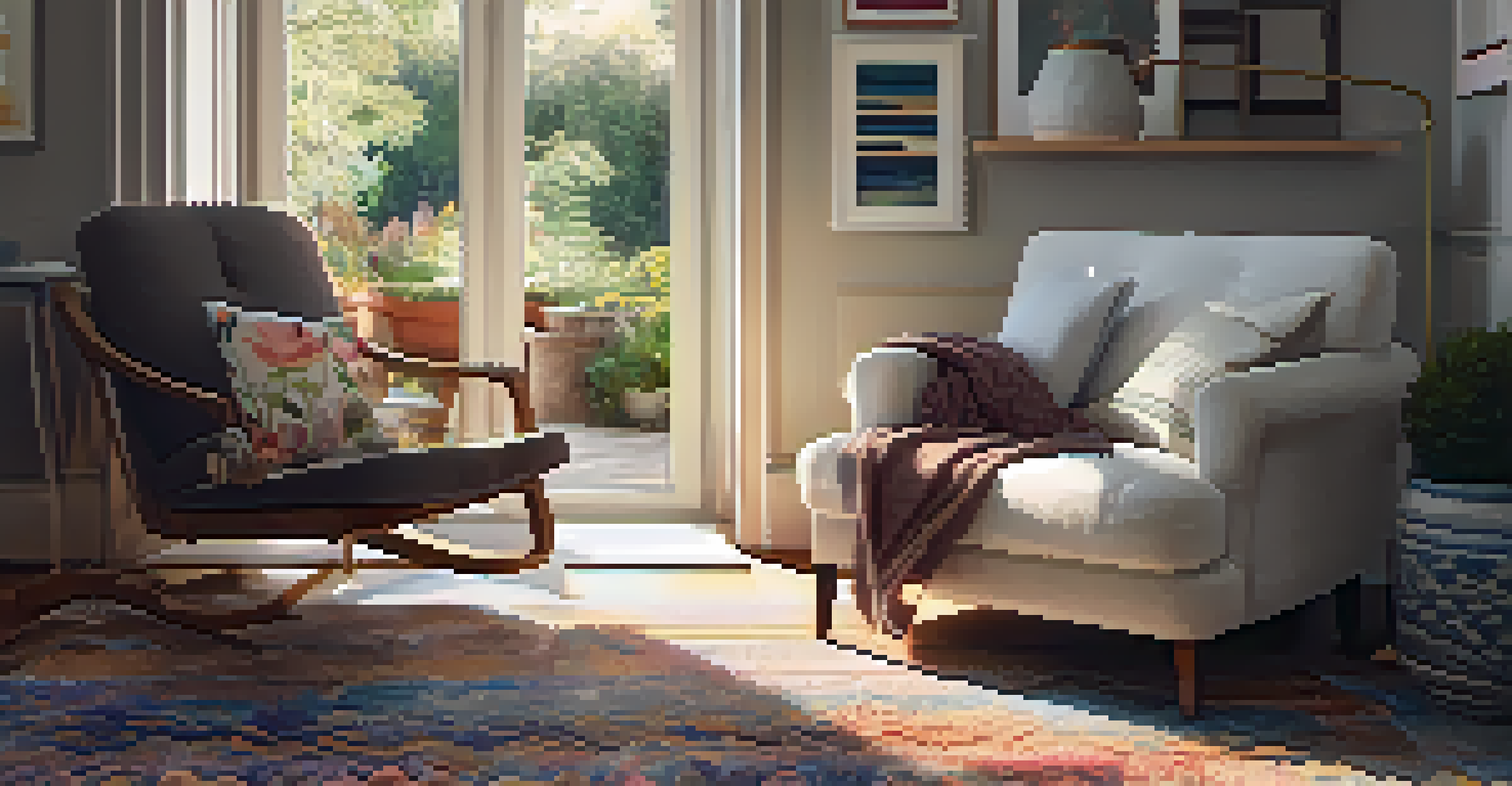 An intimate reading nook in a living room with a comfortable armchair, a side table with tea, a stack of books, and soft textiles, illuminated by warm lighting.