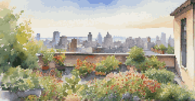 A rooftop garden with colorful flowers and greenery, set against a city skyline in warm sunlight.