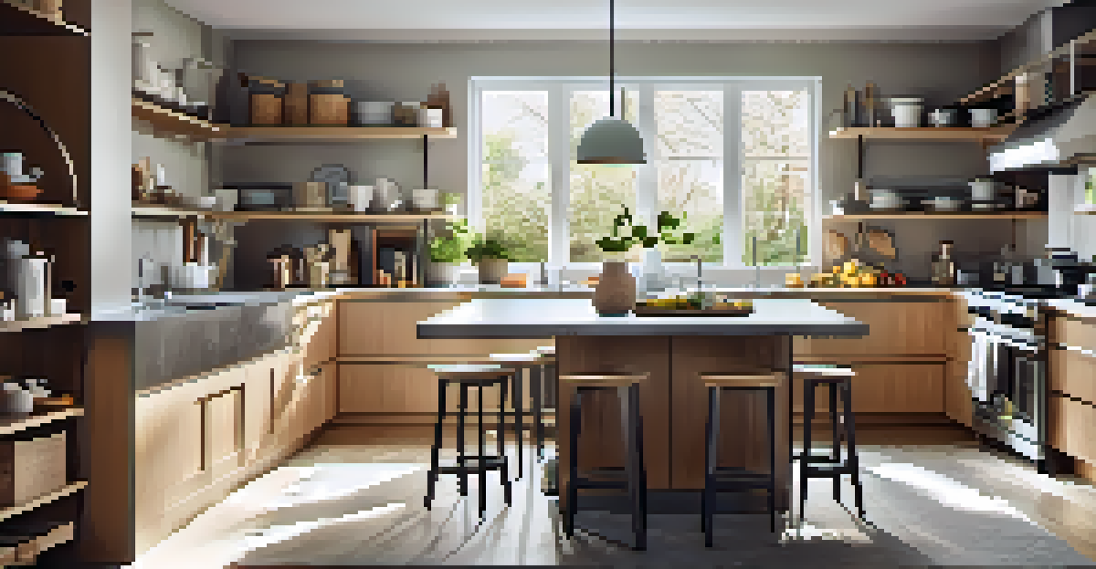 A bright and organized kitchen showcasing multifunctional furniture and wall-mounted shelves, with a clean and spacious layout.