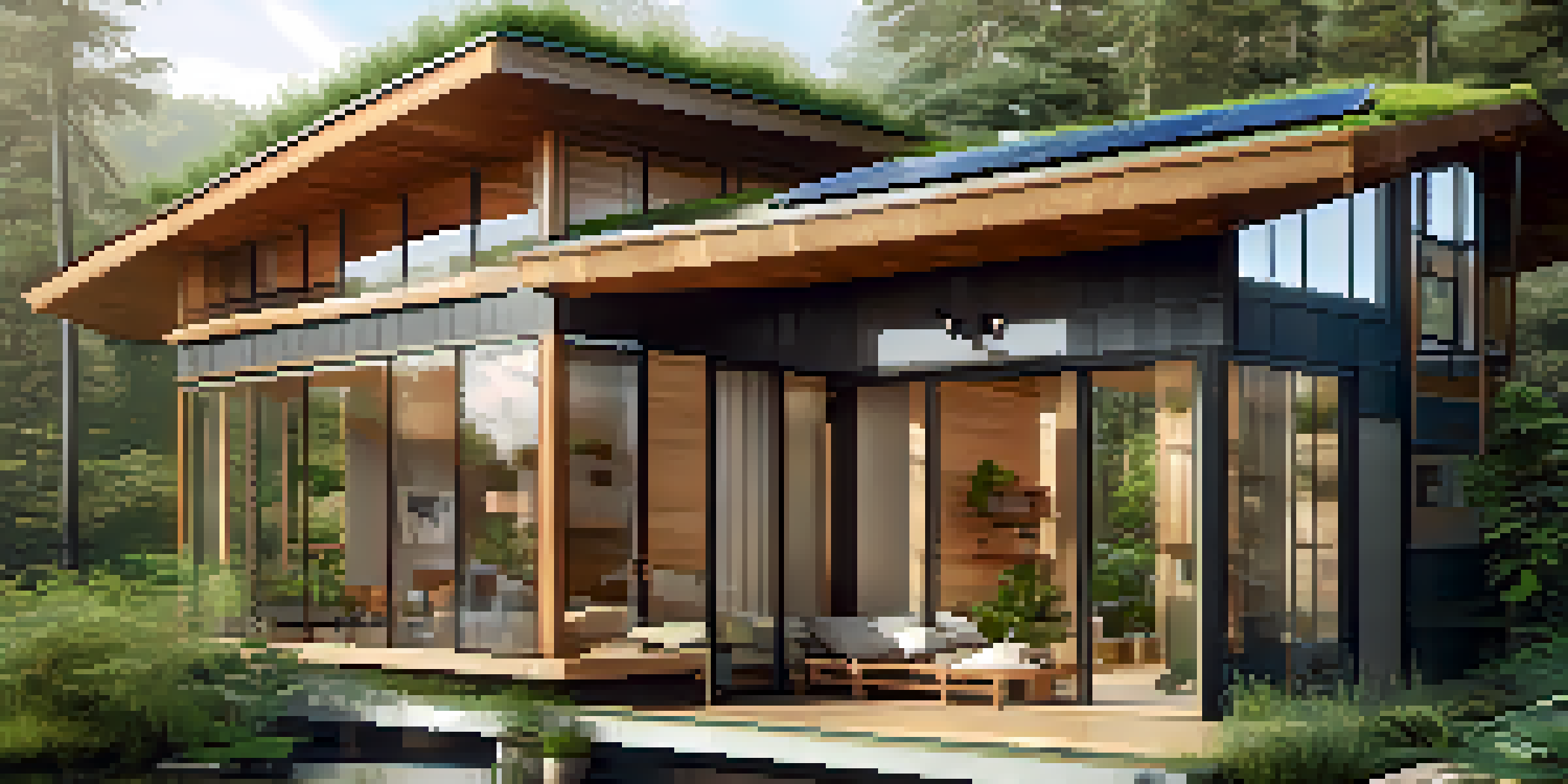 A modern sustainable home surrounded by greenery, showcasing solar panels and a green roof.