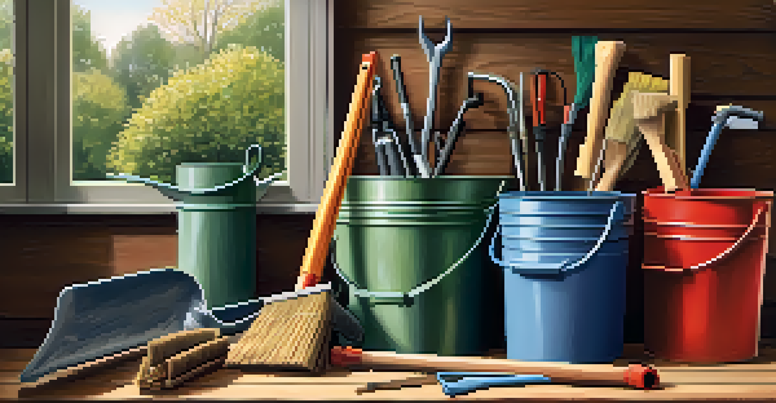 An organized display of gutter cleaning tools including gloves, trowel, ladder, and leaf blower on a wooden surface with autumn leaves.