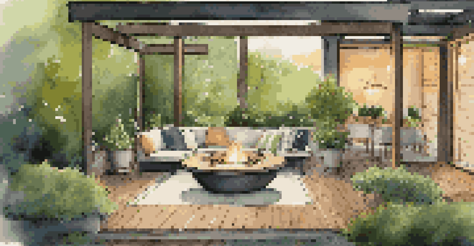 An inviting outdoor patio with comfortable seating and a fire pit, surrounded by greenery and softly lit at night.