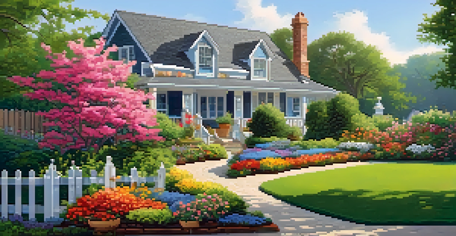 A beautiful garden with a lush lawn, colorful flowers, and a gardener trimming hedges under a clear blue sky.