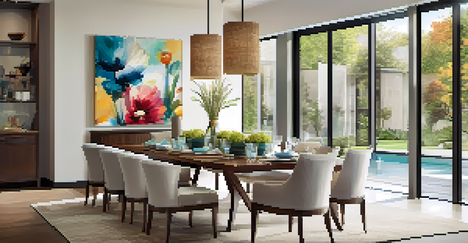 A stylish dining area in an open floor plan with a beautifully set table and colorful floral centerpiece under natural light.