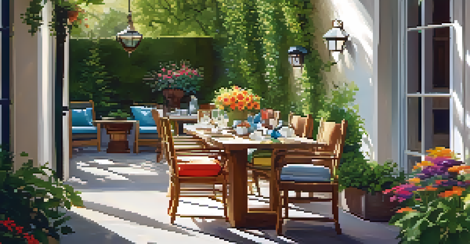 An outdoor patio with a wooden table set for brunch, surrounded by greenery and flowers, bathed in sunlight.