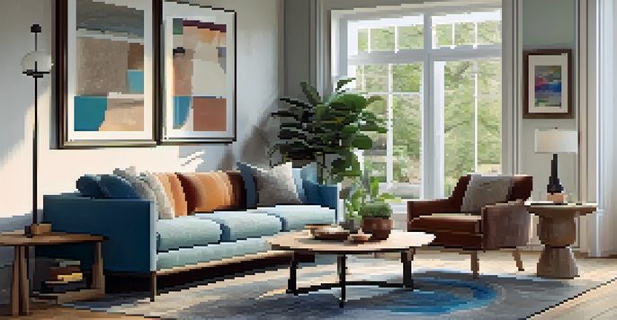 A bright and cozy living room with large windows, a comfortable sofa, a coffee table, and colorful decorations.