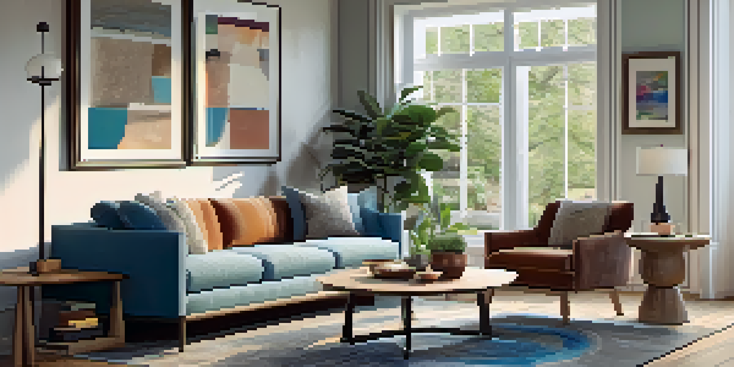 A bright and cozy living room with large windows, a comfortable sofa, a coffee table, and colorful decorations.