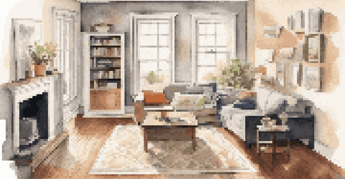 A cozy living room undergoing renovation, showing fresh paint, new flooring, and tools, with natural light illuminating the space.