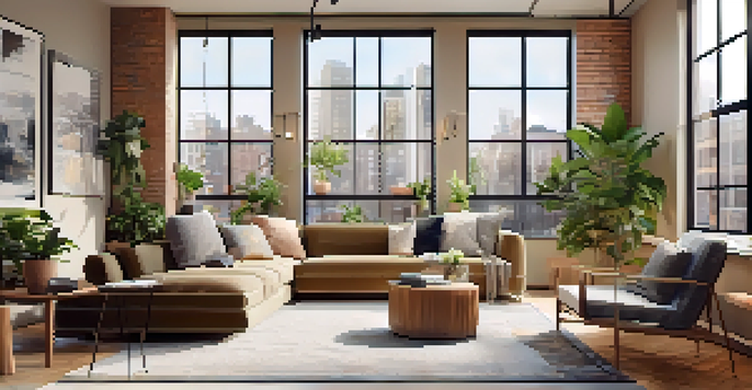 A bright modern apartment interior with a multifunctional workspace, ergonomic furniture, and plants, showcasing a cozy lounge area.