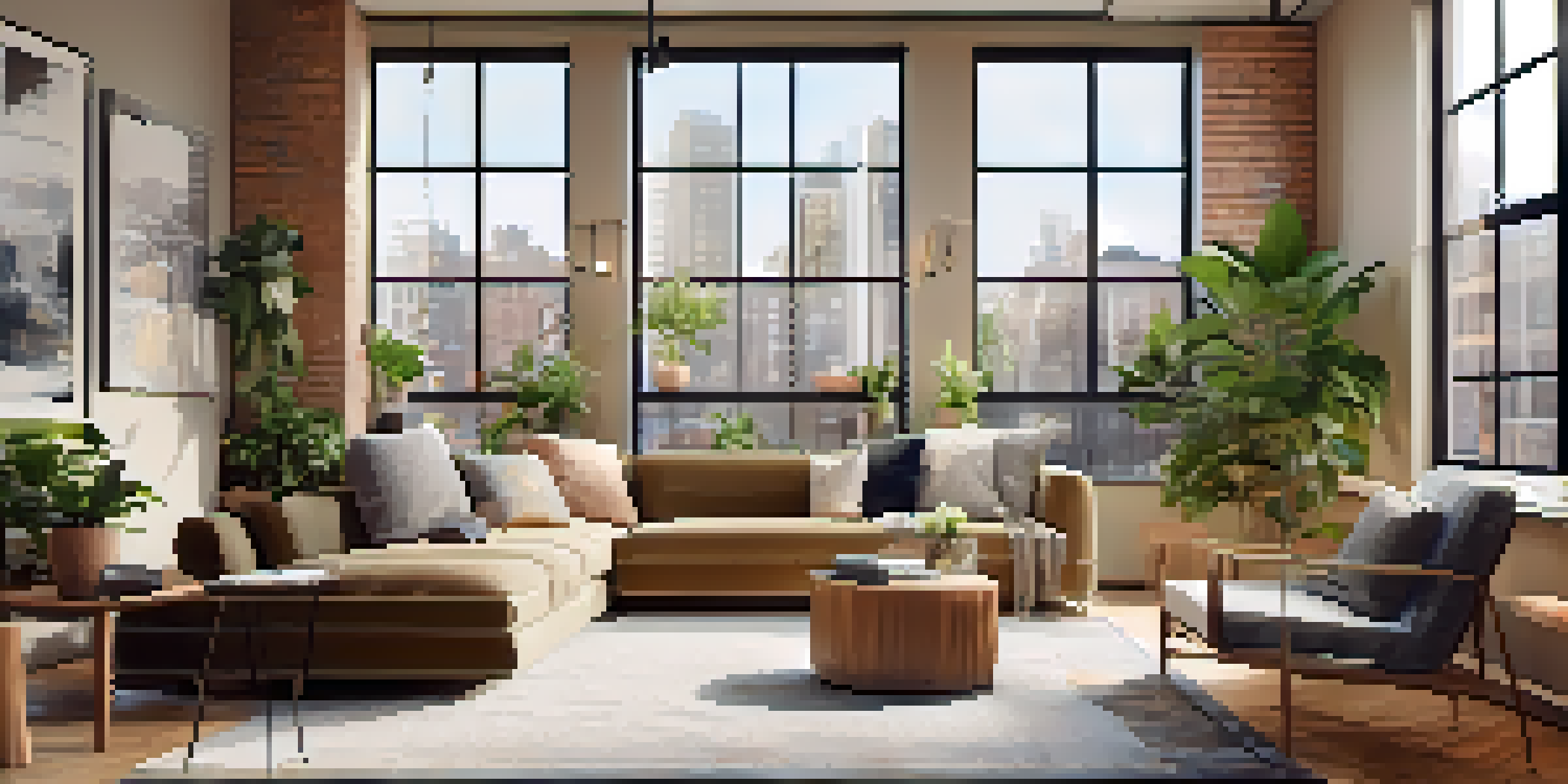 A bright modern apartment interior with a multifunctional workspace, ergonomic furniture, and plants, showcasing a cozy lounge area.
