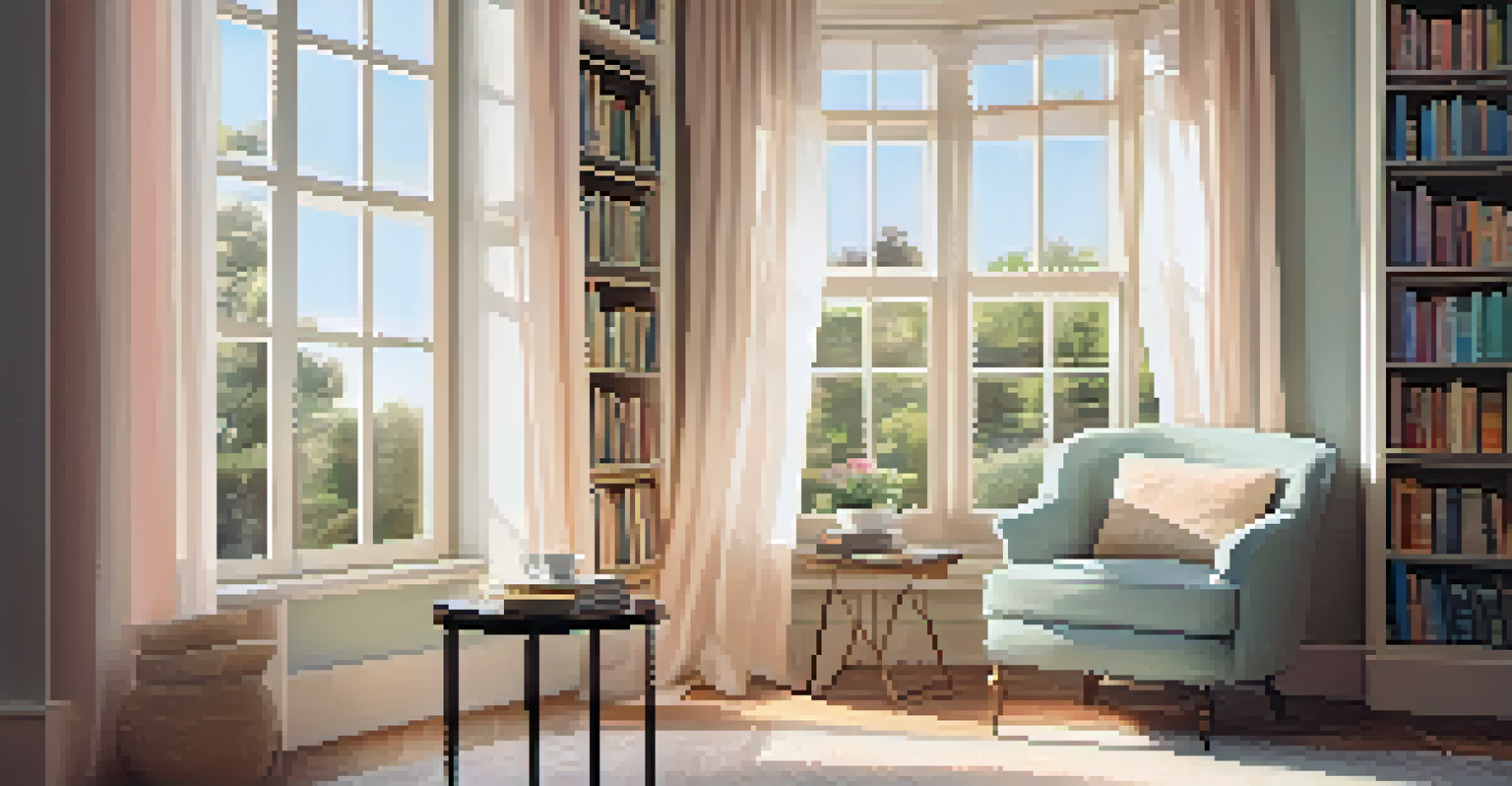A cozy reading nook with a pastel armchair, a side table with tea, books, and soft sunlight filtering through curtains.
