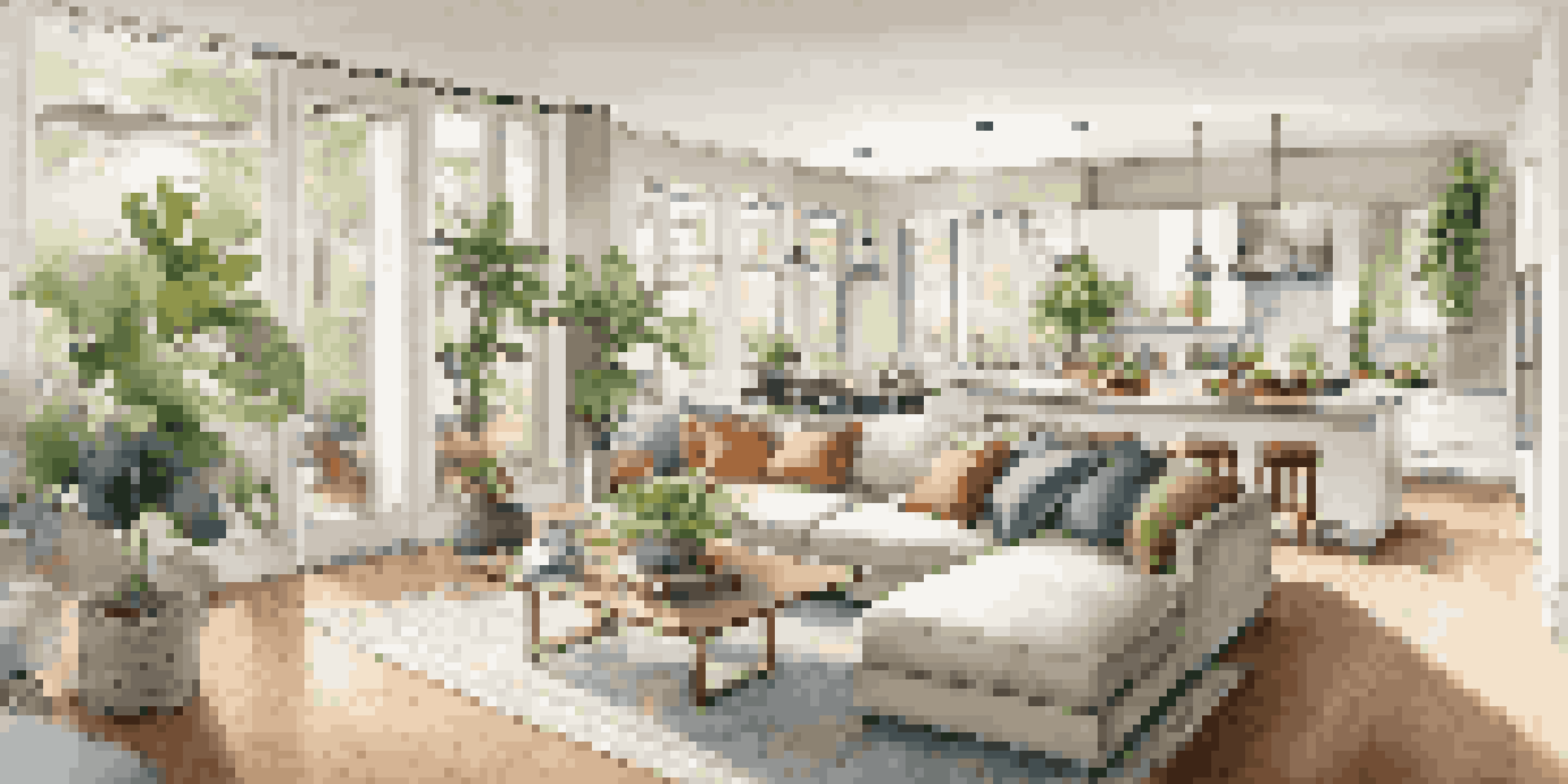 A bright and airy open floor plan with a living room, dining area, and kitchen, showcasing natural light, light-colored walls, and hardwood flooring.