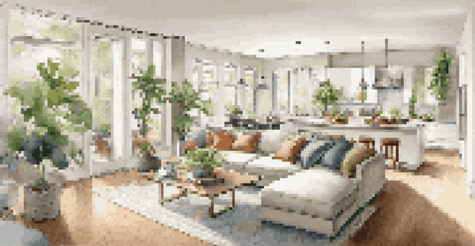 A bright and airy open floor plan with a living room, dining area, and kitchen, showcasing natural light, light-colored walls, and hardwood flooring.